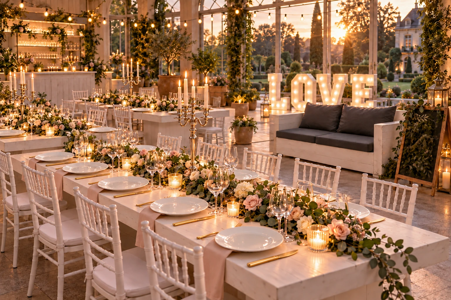 KI-Hochzeitsinspiration mit Woodlounge-Mobiliar, Chiavari-Stühlen, Geschirr und Dekoration aus unserem Sortiment