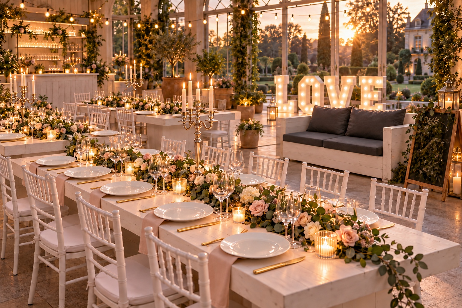 KI-Hochzeitsinspiration mit Woodlounge-Mobiliar, Chiavari-Stühlen, Geschirr und Dekoration aus unserem Sortiment