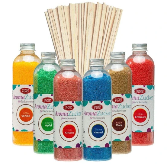 Set 6 x 230 Gramm Zuckerwatte Zucker + 100 Zuckerwattestäbe